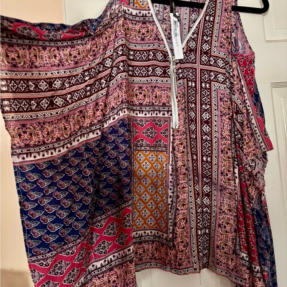 Coco + Carmen Blue and Red Asymmetrical Sleeveless Blouse
